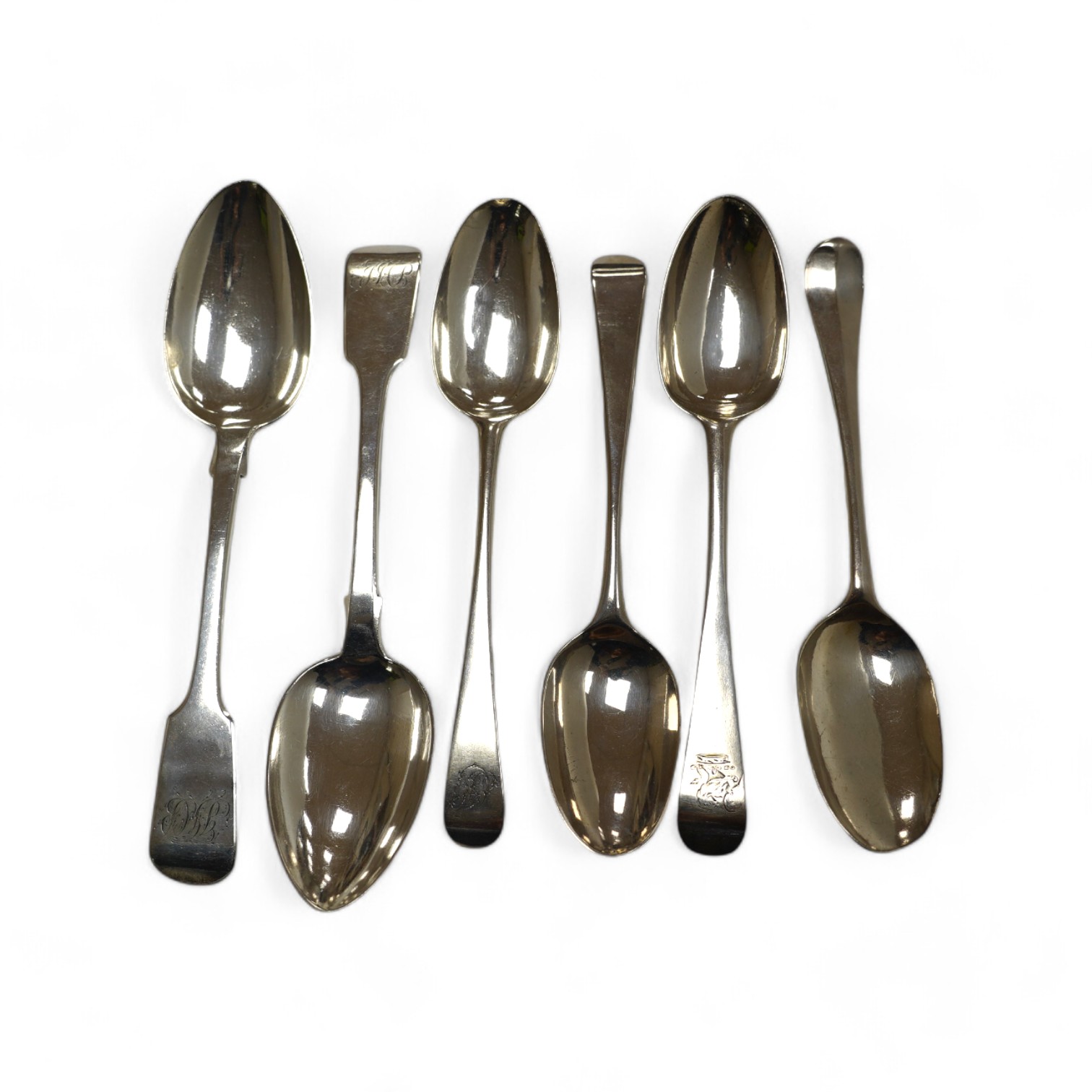 Six assorted 18th/19th century silver tablespoons, including pair of fiddle pattern by Jonathan Hayne, London, 1830 and Irish Old English pattern, Cristopher Skinner, Dublin, 1759, 13.1oz. Condition - fair